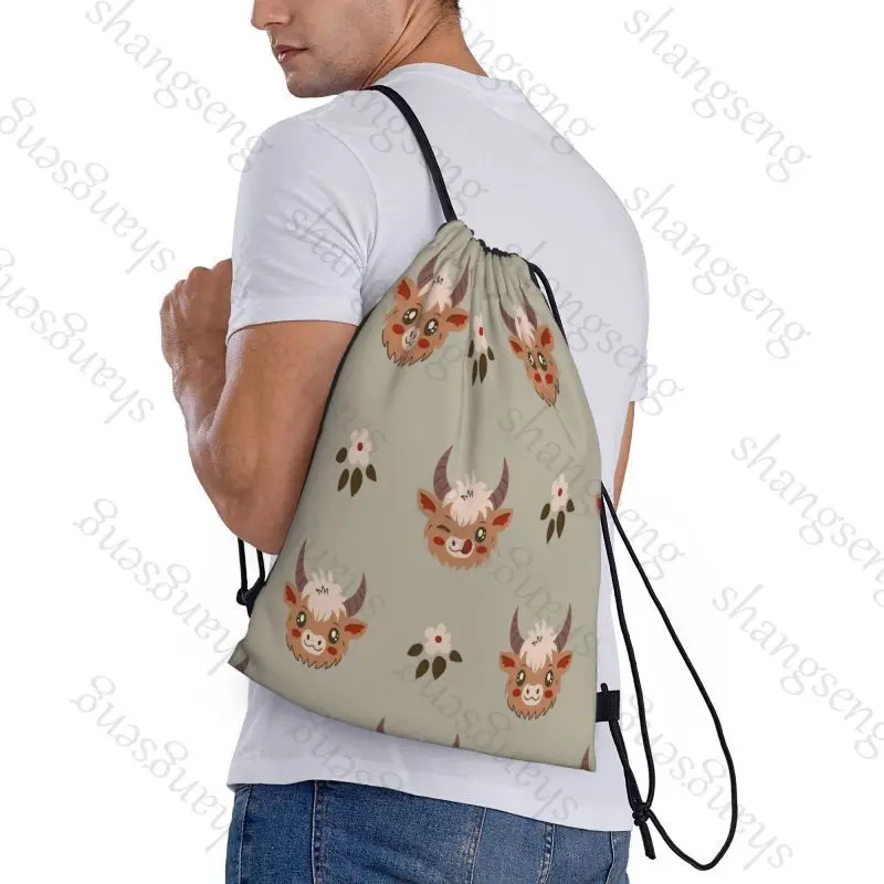 Drawstring Bag Sports Backpack Bundle Pocket Basketball Bags Boy Birthday Christmas Shoe Bag Flower Highland Cow cartoon