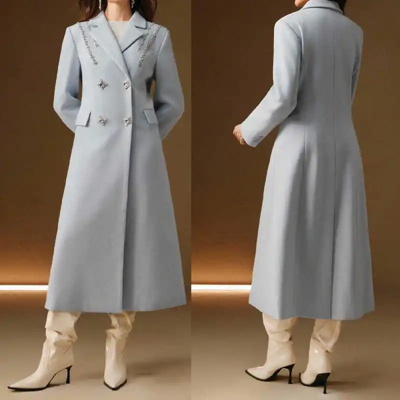 

Elegant Women's Autumn Winter Long Overcoat Double Breasted One Piece Wool Office Ladies Work Crystals Customized Jacket