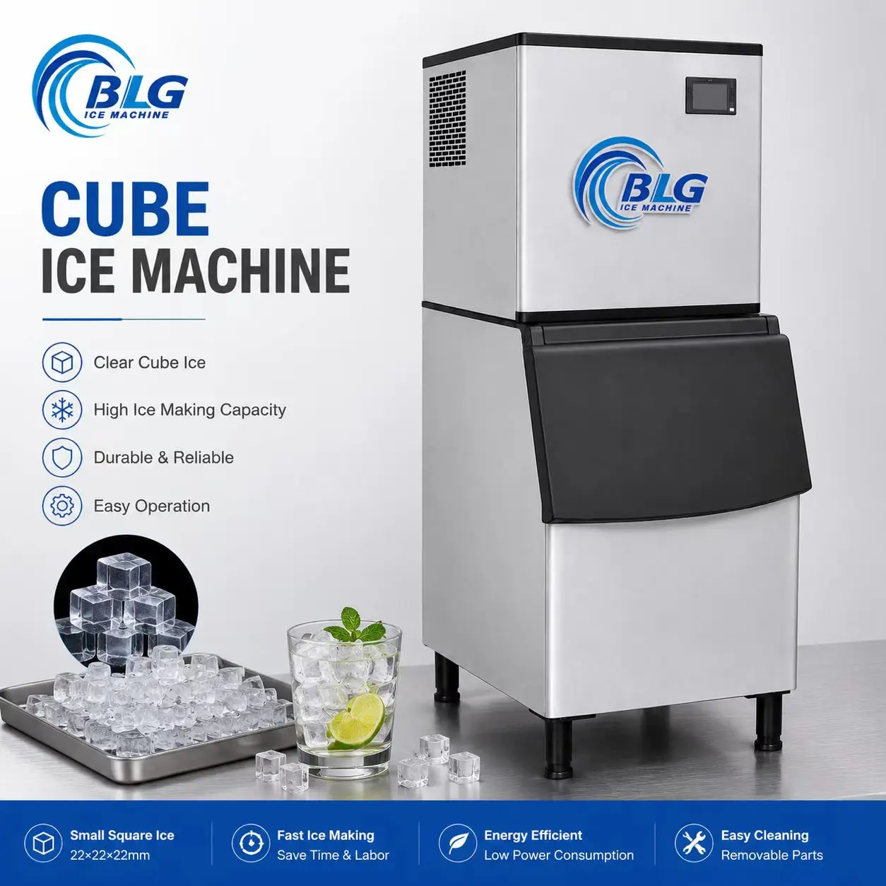 High Efficiency Compact Commercial Square Cube Ice Maker with Stable Continuous Ice Production Performance