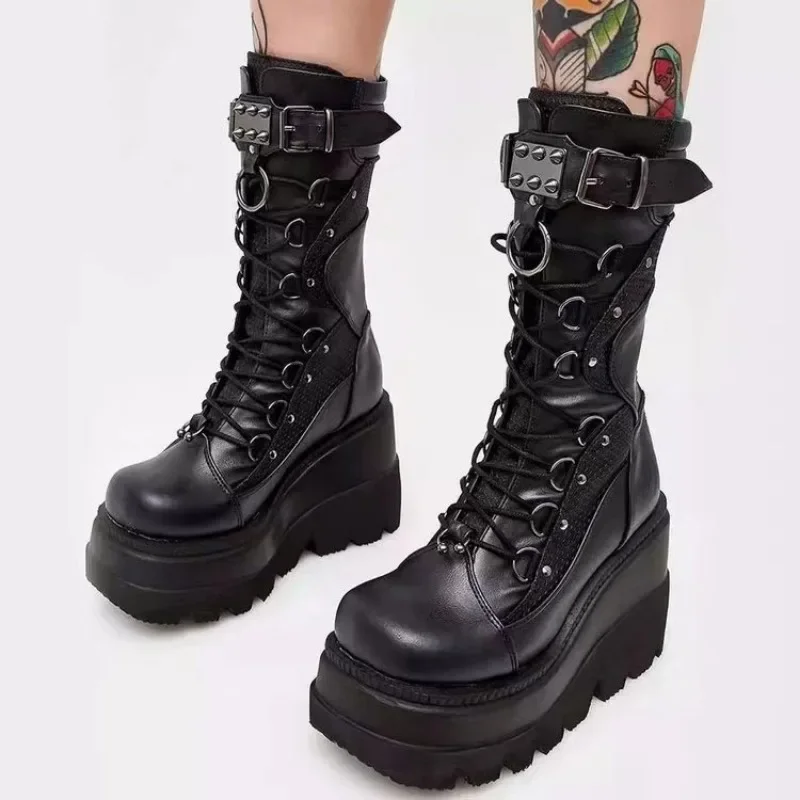 2023 Autumn Winter Sale Punk Halloween Witch Cosplay Platform High Wedges Heels Black Gothic Calf Boots Women Shoes Big Size