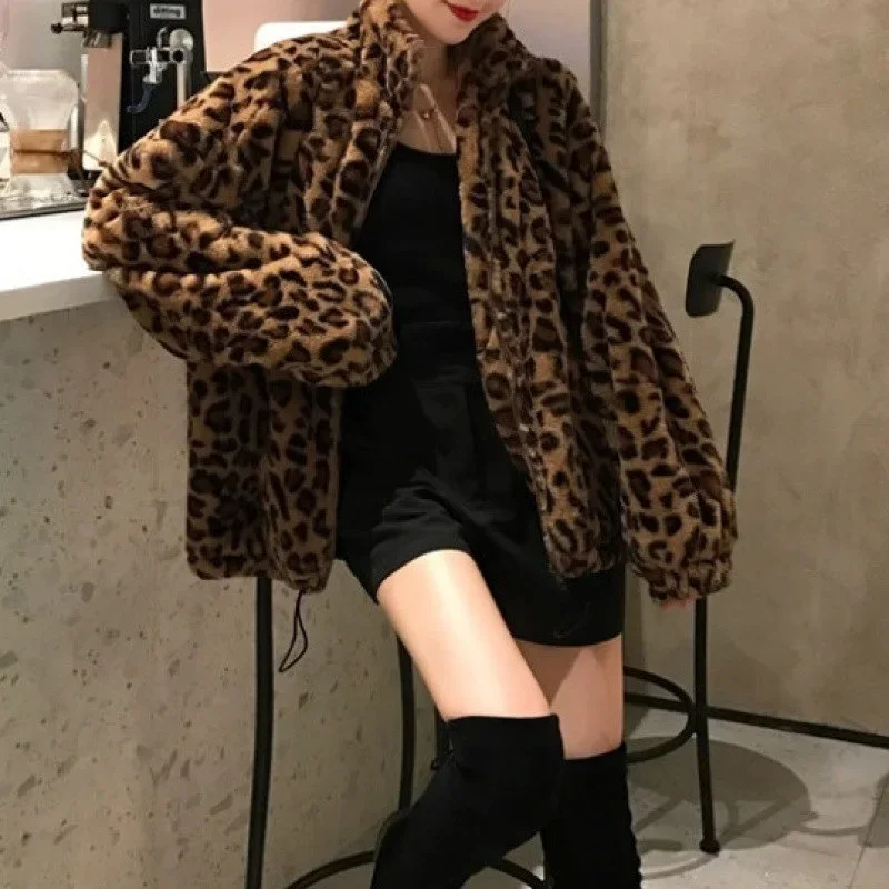 Winter Leopard Print Jacket Women's Stand collar Warm Parkas Outwear 2024 New Autumn Winter Korean Female Loose Faux Fur Coats