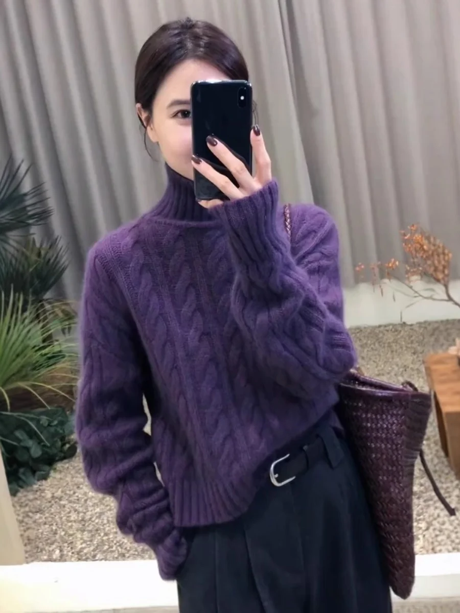 

Purple Thickened High Collar Knitted Sweater Women's Short Style Winter New Retro Lazy Fashion Top Warmth Emitting Long Sleeve