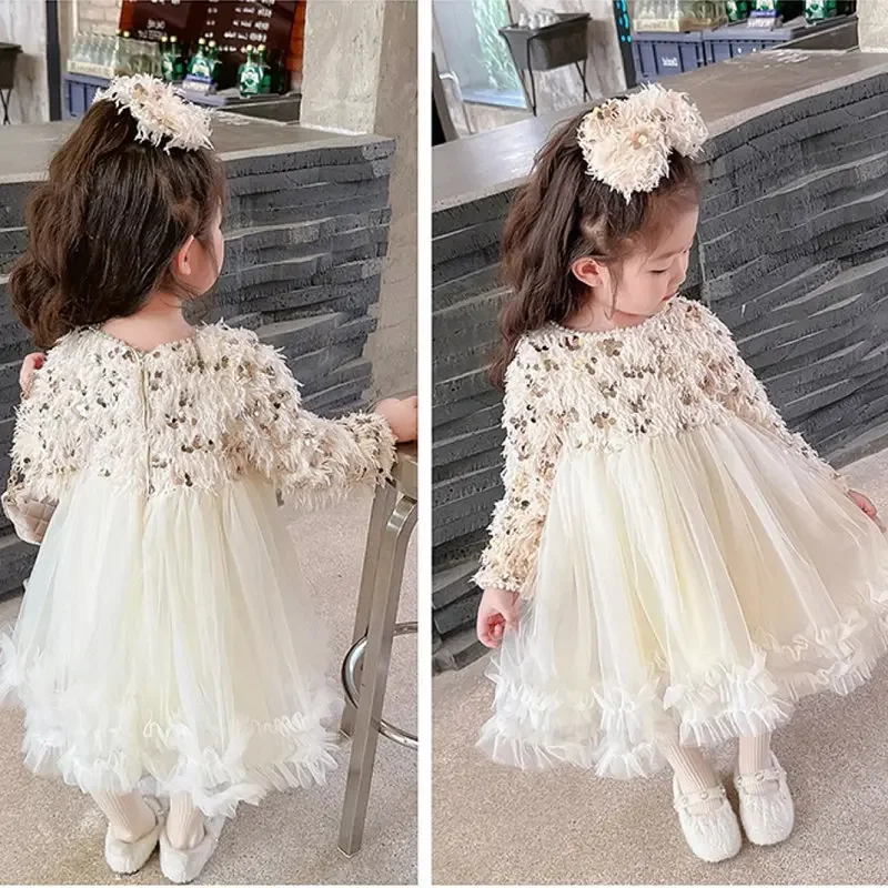 Children Clothing Girl Dress 2023 Winter New Children Plush and Thickened Princess Skirt with A Bow As A Gift