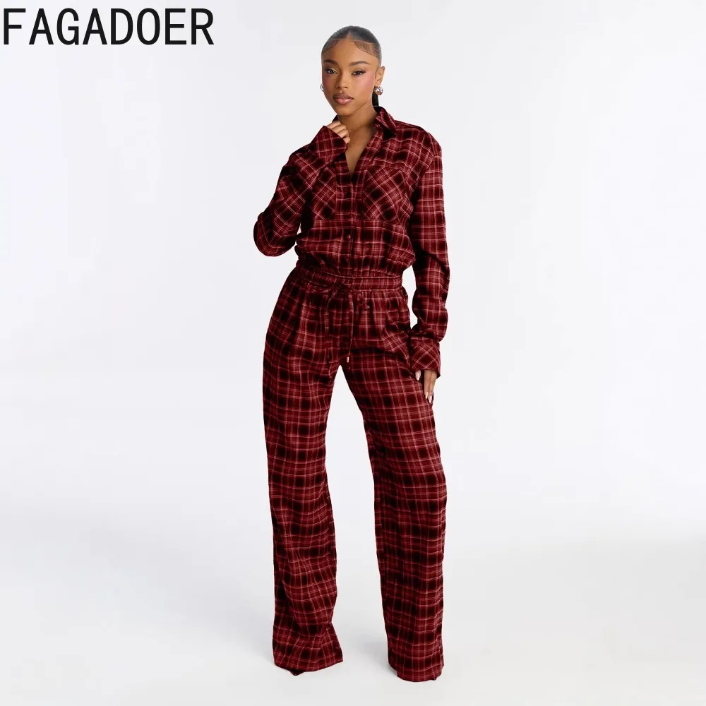 FAGADOER Fashion Checkered Print Bodycon Jumpsuits for Woman Long Sleeves Ruched Patchwork Rompers Female Streetwear Overalls
