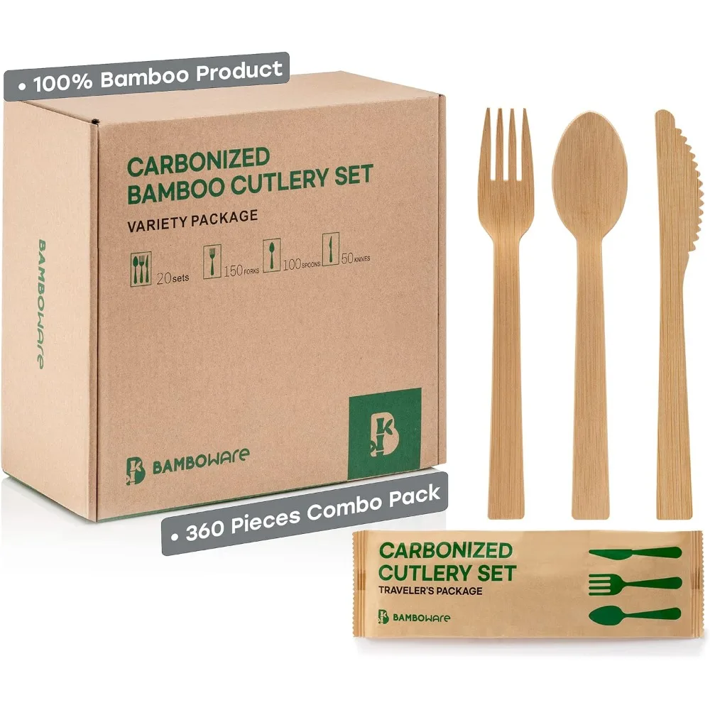 

100% Bamboo Utensils - 360PCS Combo Pack Carbonized Disposable Cutlery Biodegradable and Sanitized - Heavy Duty & Fully Function