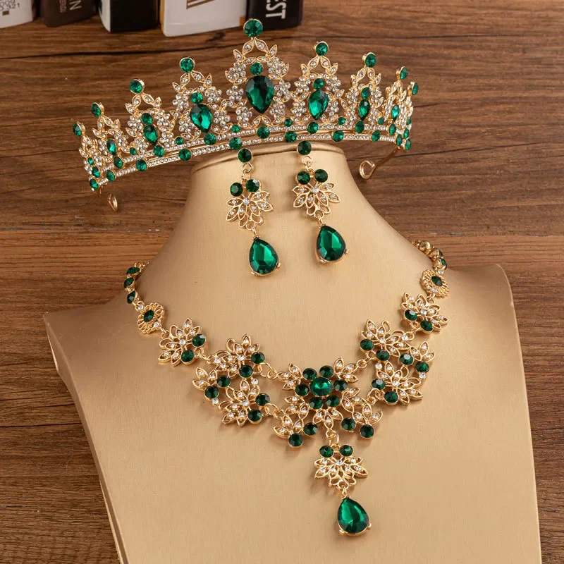 Fashion Crystal Tiaras Crowns Bride Wedding Jewelry Set Rhinestone Crown Necklace Earring For Women Accessories Diadem Headdress