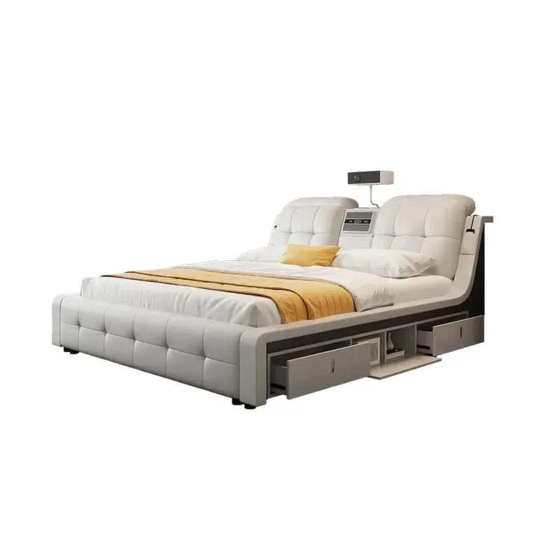 Usb Charge Projector Double Bed Luxury Modern Leather Storage Bedroom Bed Massage Wood Literas Multifuncional Furniture Home