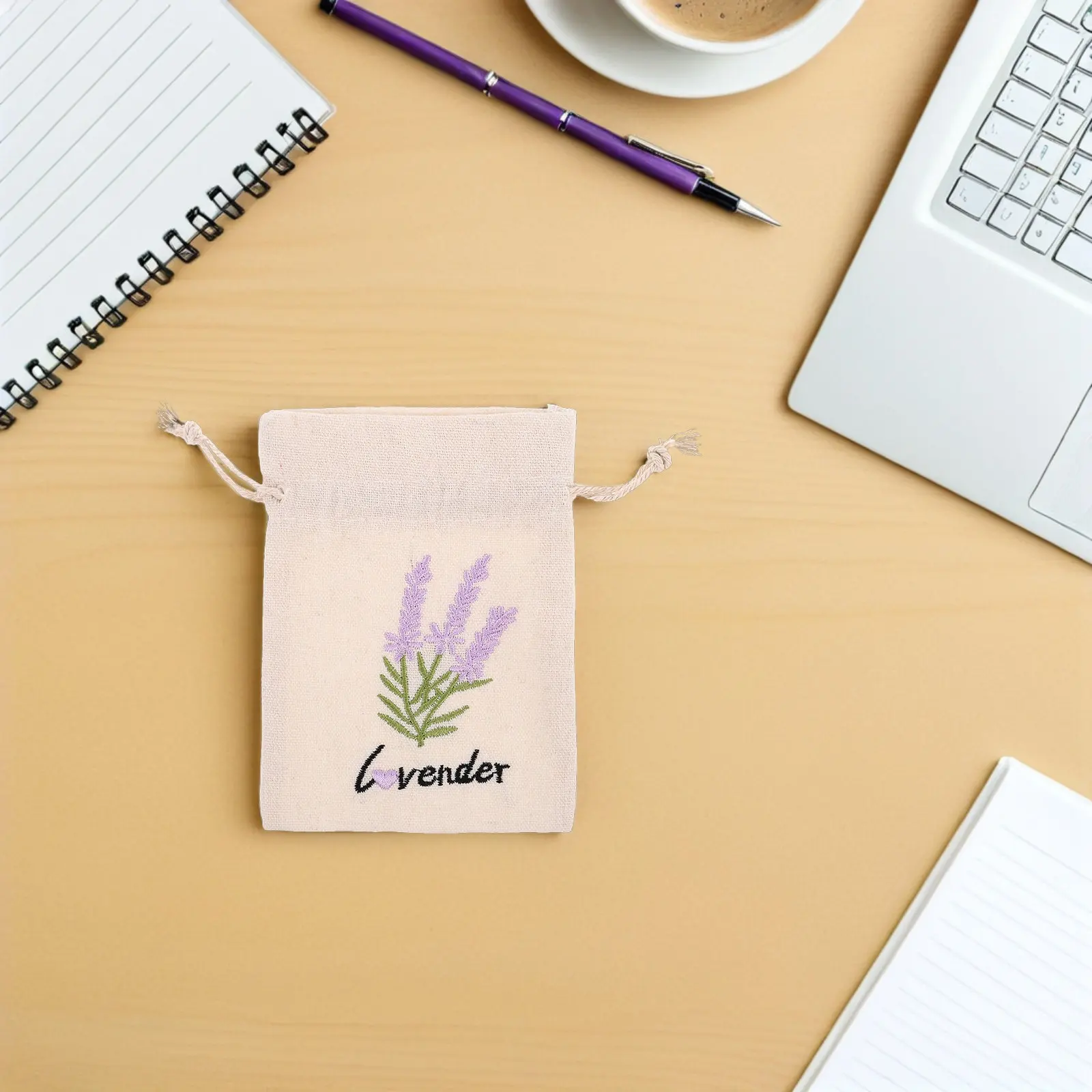 8Pcs Embroidered Lavender Drawstring Canvas Pouches Reusable Jewelry Storage Favor Bags Fragrance Sachet Bags Empty Bulk