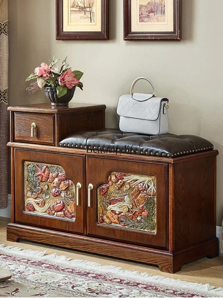 

01American solid wood home door entry retro storage simple storage shoe stool cabinet