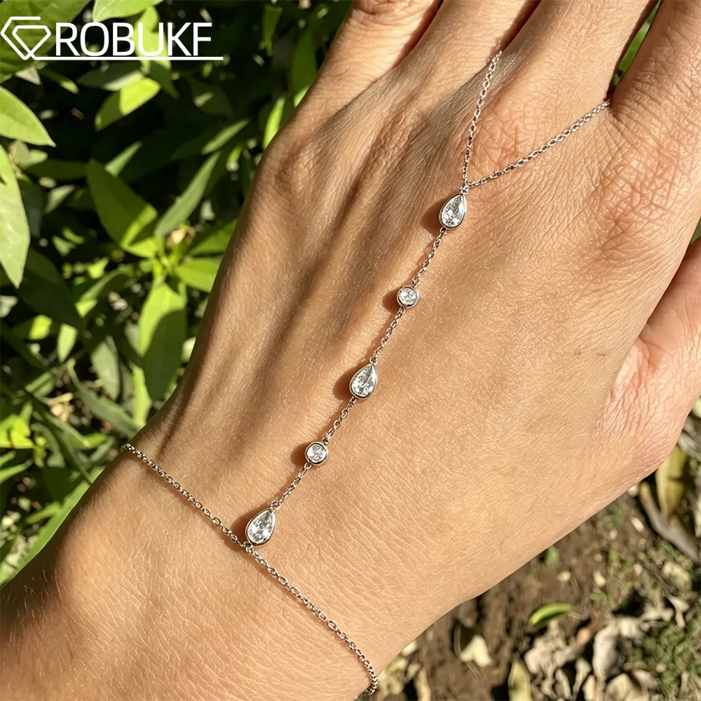 Bezel Set Moissanite Hand Chain Bracelet for Women Pear & Round Cut Lab Diamond Adjustable Wrist Size 925 Silver Slave Bracelets