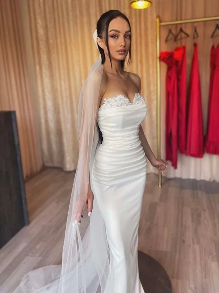 Dubai Sweetheart  Mermaid Wedding Dress With Detachable Train Lace up Back Appliques Sleeves Pearl Bridal Gown With a Veil