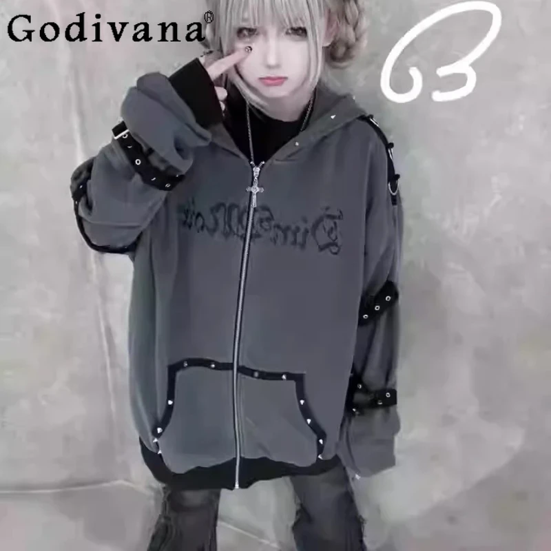 

Весенне-осенняя готическая куртка-худи в стиле Y2K панк с молнией, модная свободная серая куртка для девушек, омолаживающая образ, персонализированная