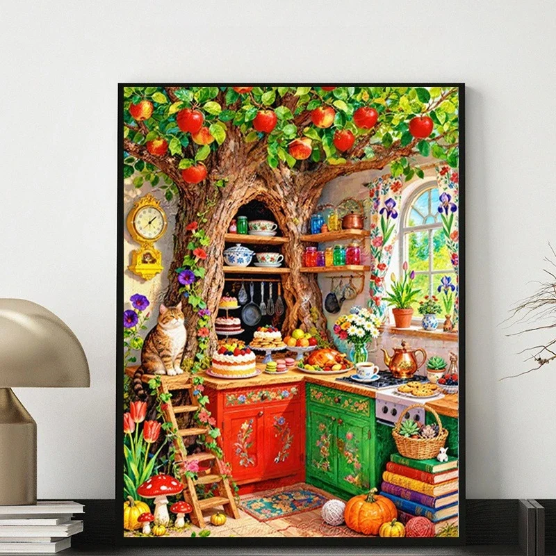 Diamond Painting Whimsical Tree‑Hollow Kitchen With Cat & Feast DIY Diamond Painting Mosaic Art DIY Diamond Art Craft Wall Dec