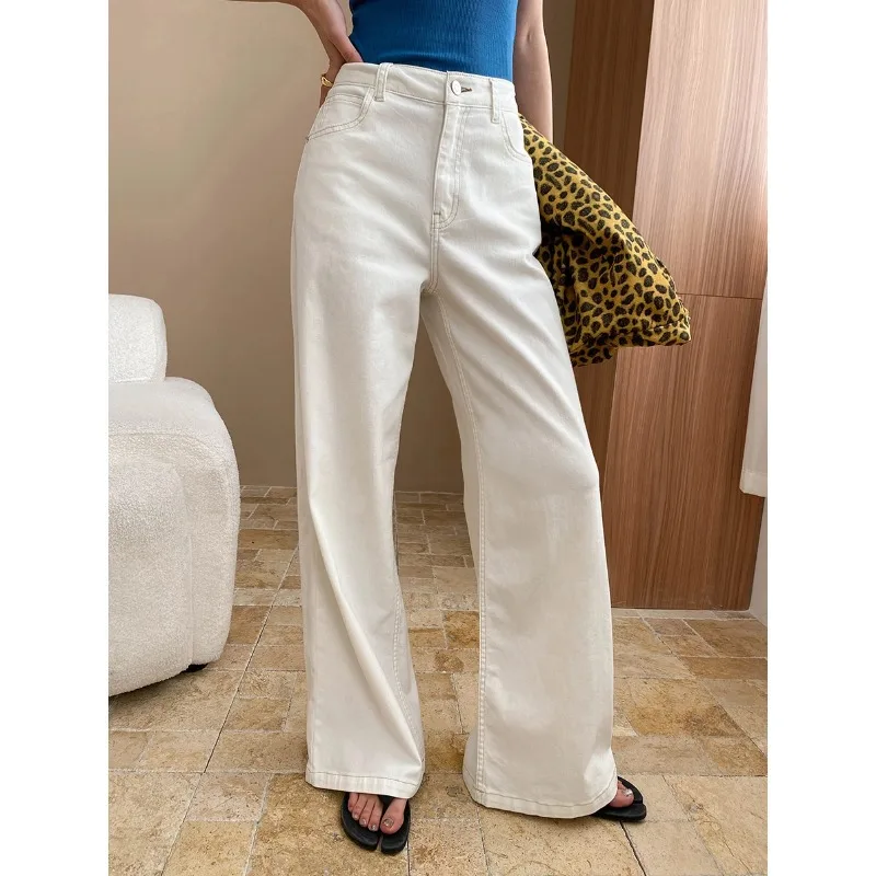 

Women Denim Jeans Solid Jean Pocket Zipper Fly Full Length Empire Waist Wide Leg Pants Slight Strech Loose Casual 2025 Autumn