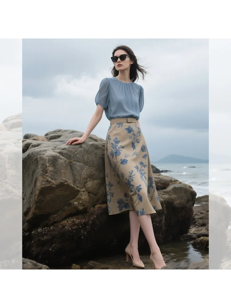 

Spring and Autumn New Women's Half Body Skirt, Chinese Style Printed High Waisted Fashion A-line Commuter Long Dress