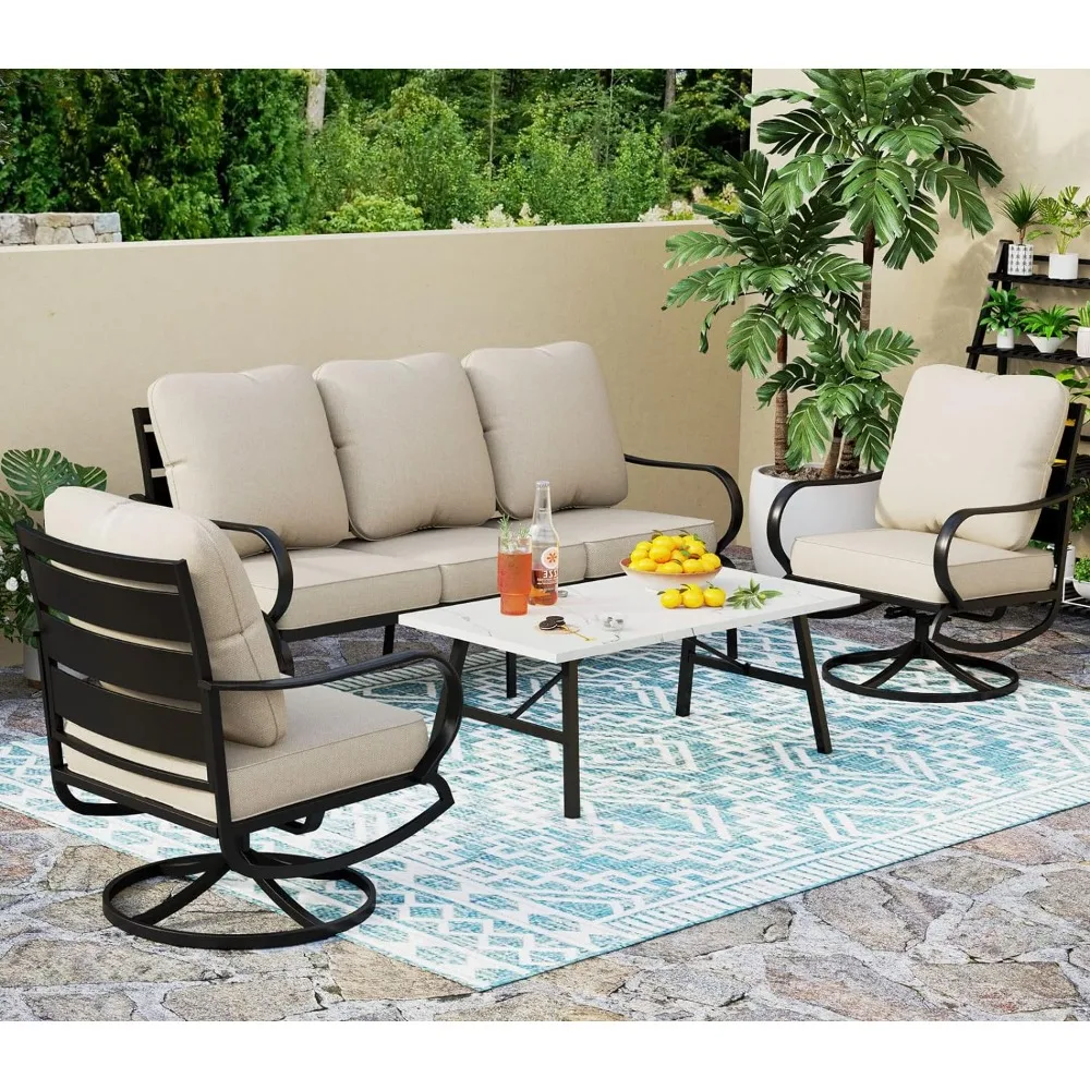 

Garden Furniture 6 PCS Set, 3 Seat Padded Bench, 2 Seat Swivel Armrest Sofa and Ottoman, Coffee Table, Garden Furniture Set