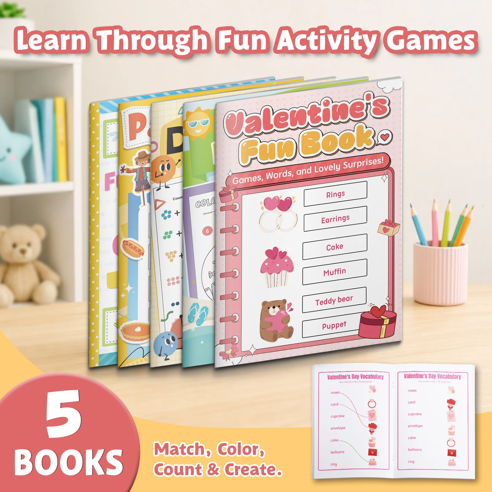 5-Book Fun Learning Activity Collection, Color by Numbers, Dot Math, Pattern Matching, Paper Cutting and Valentine Word Games