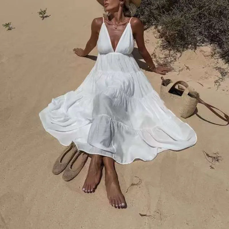 Nuovo abito Boho senza schienale con scollo a V profondo sexy Abito estivo elegante solido scava fuori Abito da festa da donna con fionda a pieghe