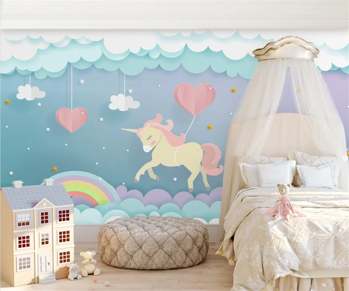 Custom mural pink cloud unicorn rainbow background wall decoration painting children's room 3d wallpaper Self-adhesive material