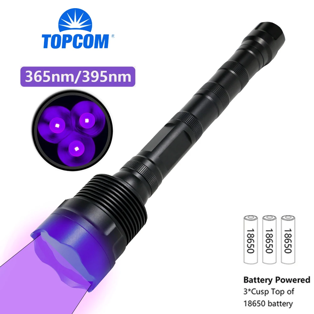 

Topcom Powerful 18w 365nm 395nm LED UV Flashlight 3 LED Ultraviolet Lantern Hard Light UV Torch With Black Filter Catch Scorpion