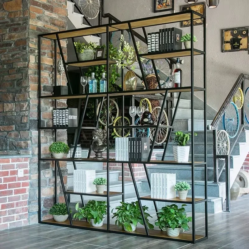 Industrial Wrought Iron Solid Wood Partition Shelf Bookcase Room Divider Screen Display Rack for Office Entrance Living Room