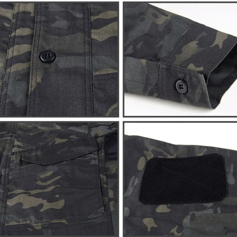 Camisa táctica de manga larga para hombre, Tops informales de camuflaje con una botonadura, uniforme de entrenamiento con cuello levantado y múltiples bolsillos