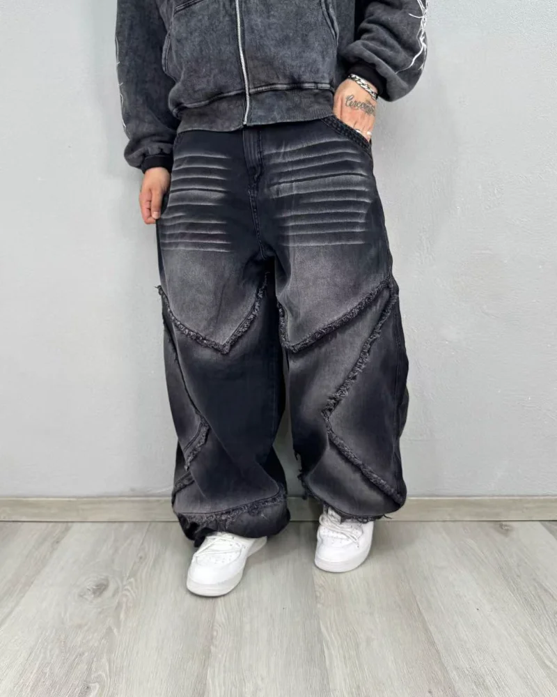 

American retro do old baggy jeans Gothic Harajuku trend patchwork design men high-waisted straight pants street hip hop pants