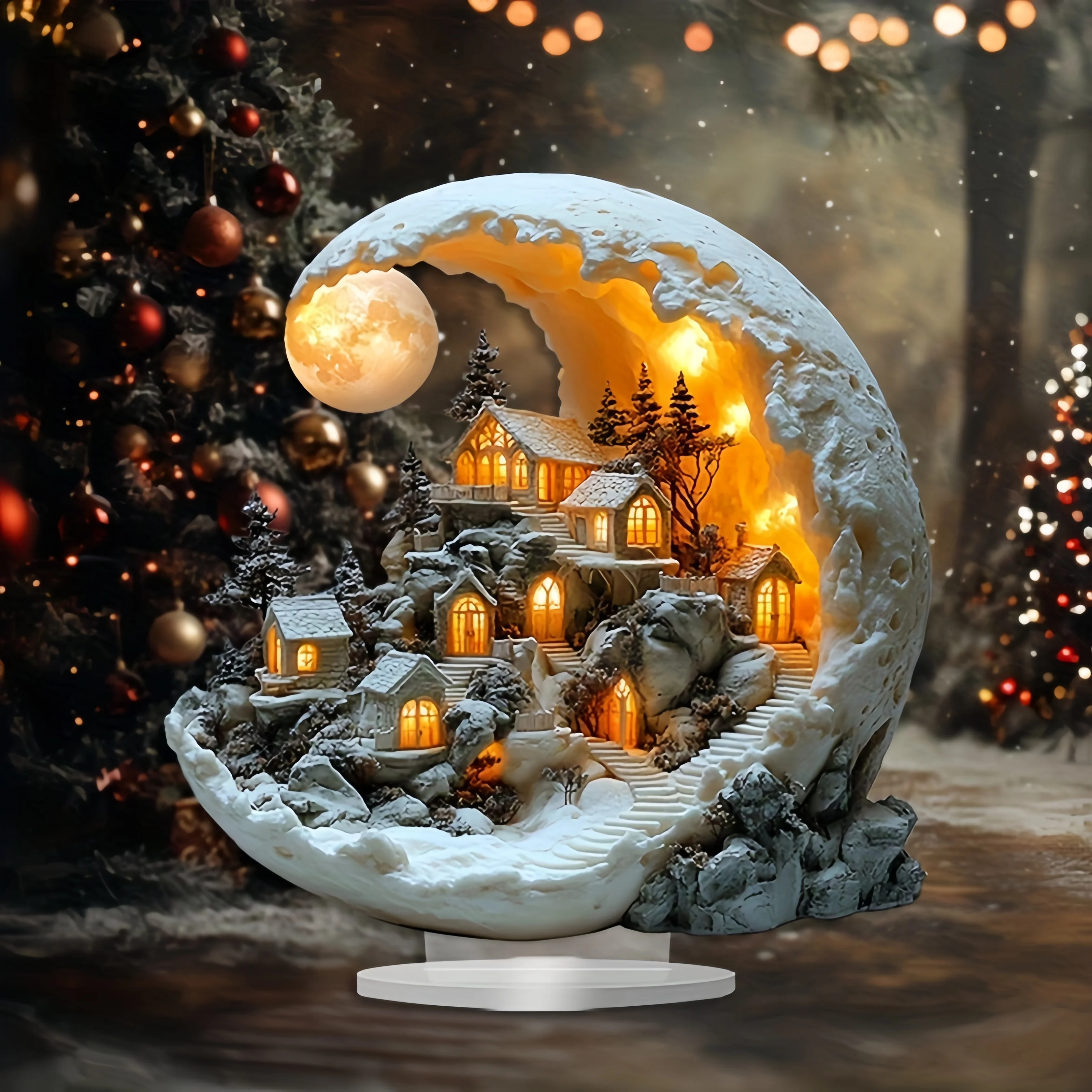 1pc Christmas Moon House 2D Decorations Home Ornaments Bohemian Moon House Acrylic Display Stand Kids Xmas Gift 2026 New Year