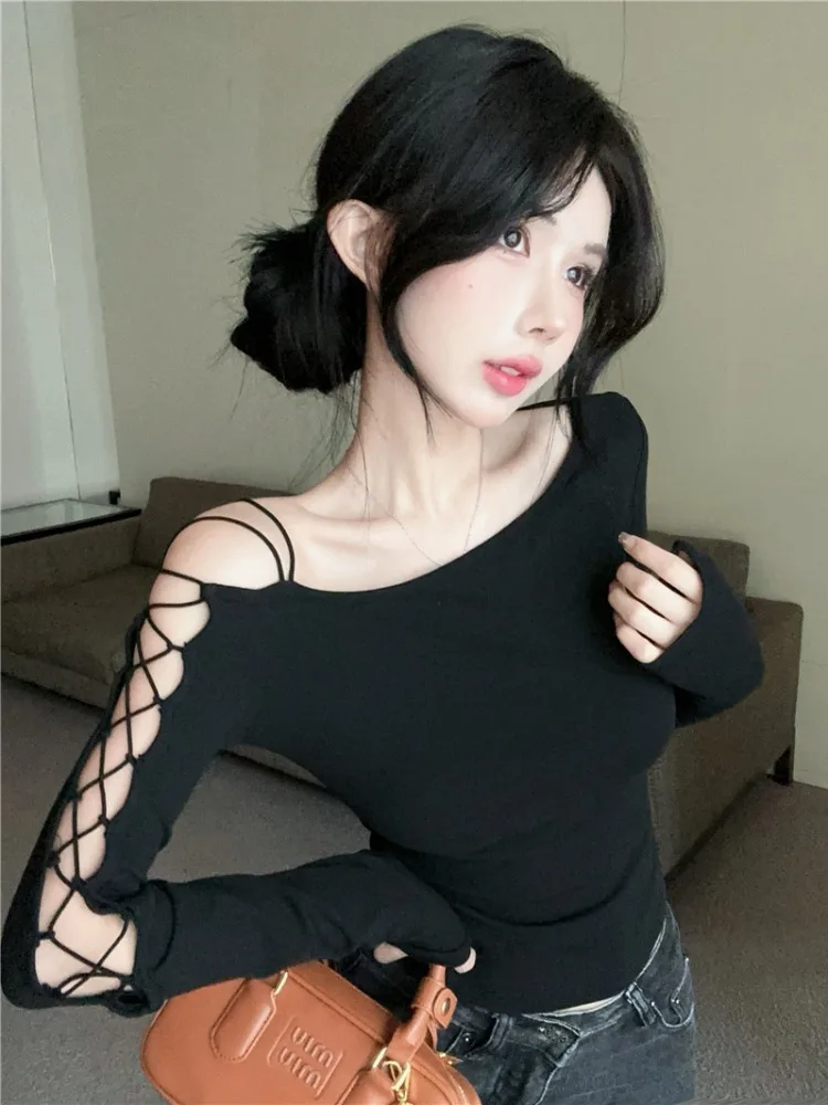 

American Design Shoulder Bared Long Sleeve Knitted T Shirt Women Stylish Slim Fit Top Korean Style Commute Fashion Autumn Wear