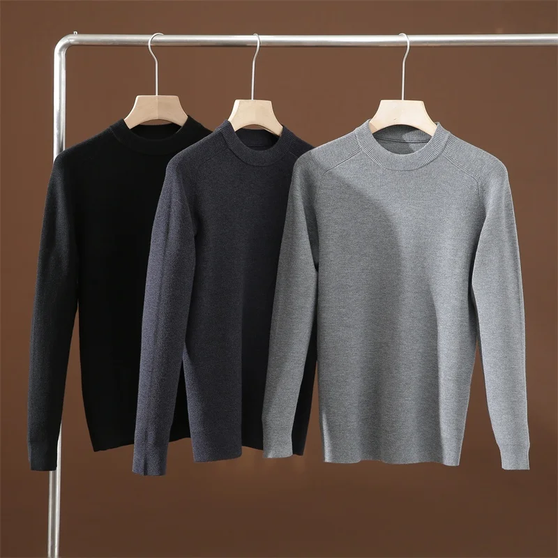 

Европейский мужской вязаный свитер из тонкой шерсти, круглый, теплый и гладкий, осенне-зимний, модный, чистый цвет