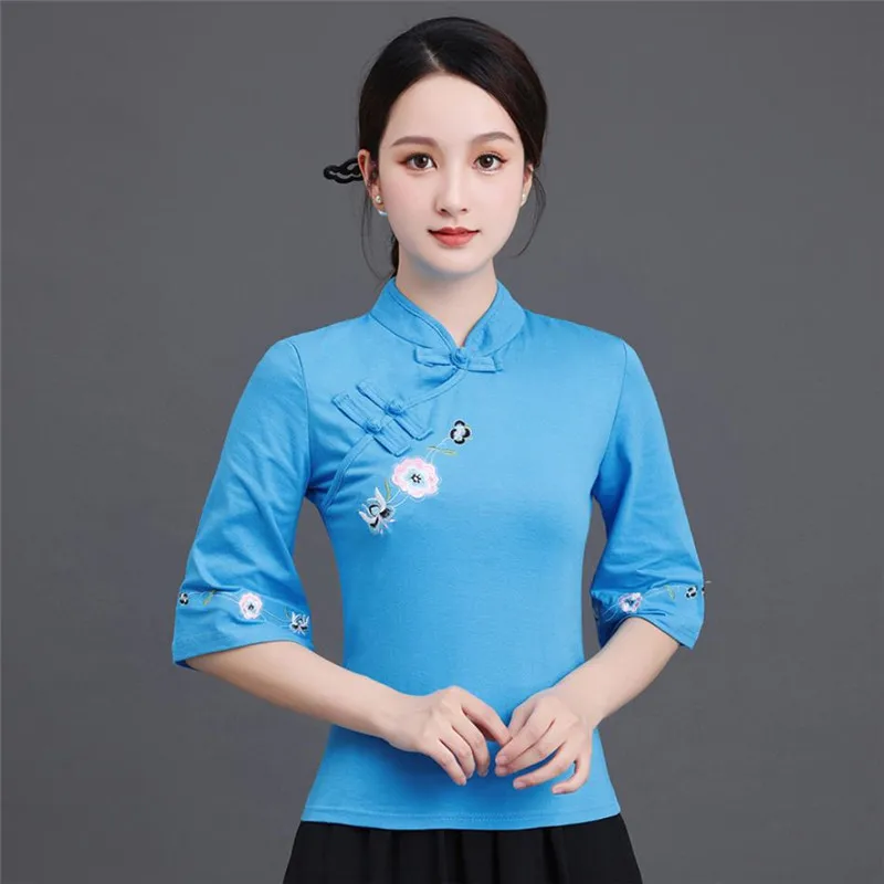 

Cheongsam Womens Plus Size Short Tops 2025 Summer Fashion Cotton Blend Embroidery Cheongsam Slim fit Chinese Qipao Shirts Woman