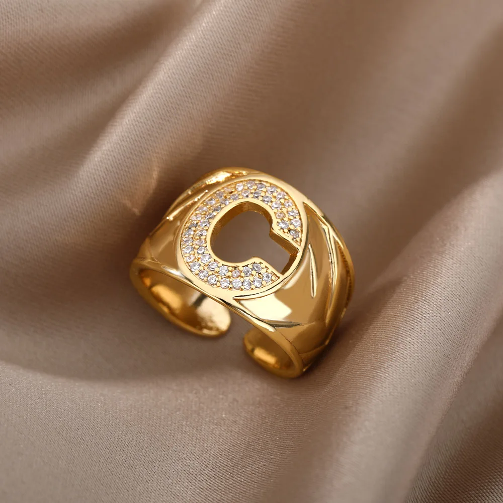 Chunky Wide Zircon Initial Letter Rings For Women Stainless Steel Opening Finger Ring Hip Hop Minimalist Jewelry Gift Femme