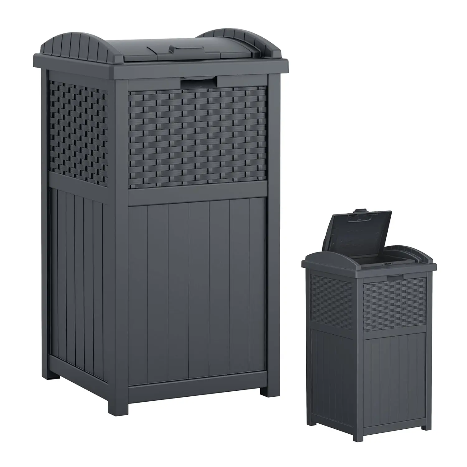 

Suncast 33 Gallon Wicker-Style Hideaway Trash Can with Secure Latching Lid and Weather-Resistant Construction for Patio, Cybersp