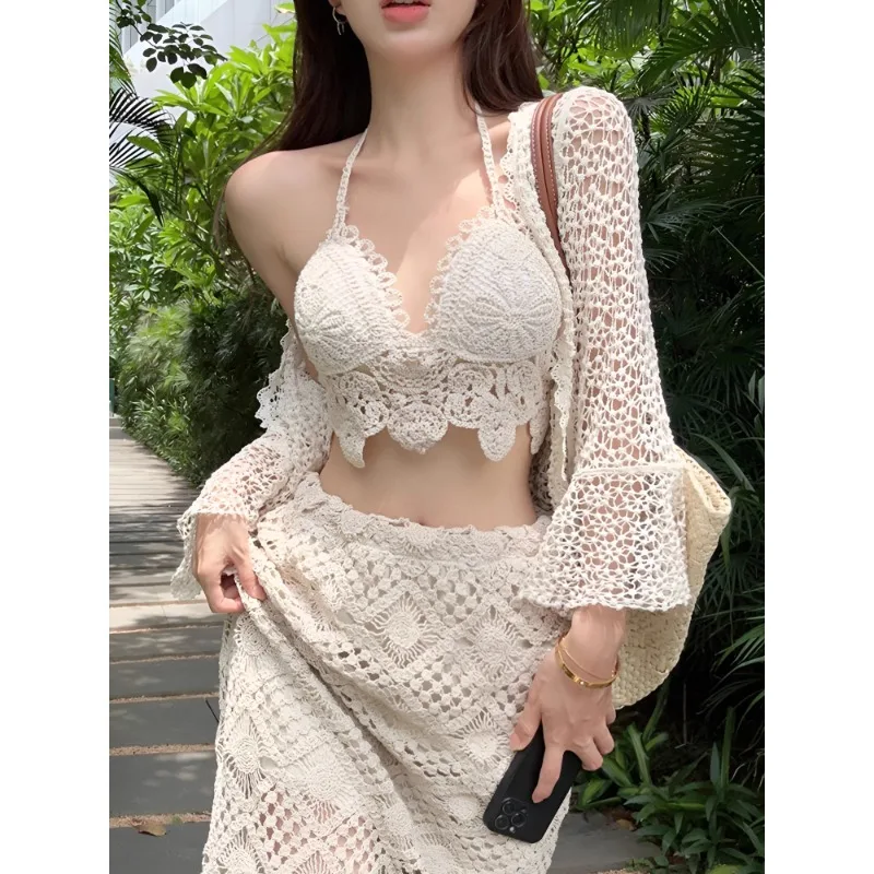 

French sexy pure desire wind hollow knit suspender beach skirt seaside vacation with blouse long skirt women