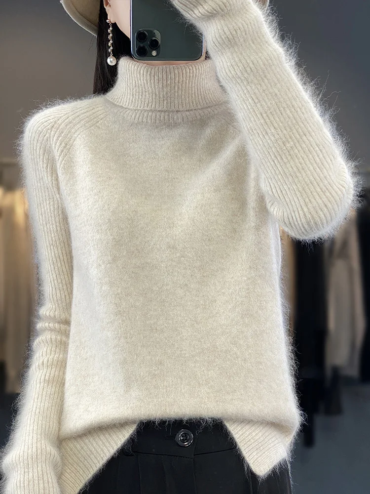 

Long Sleeve 100 % Mink Cashmere Sweaters Turtleneck Pullover Autumn Winter Women Cashmere Knitted Tops Clothing Basic Knitwear