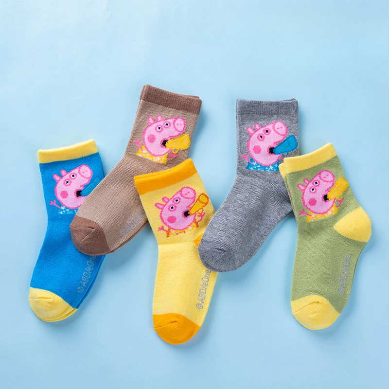 5 Pairs Anime Peppa Pig Socks 3 To 6 Years Old Kawaii Fall Winter Cartoon Children Mid-calf Cotton Socks for Girls Kids Gifts