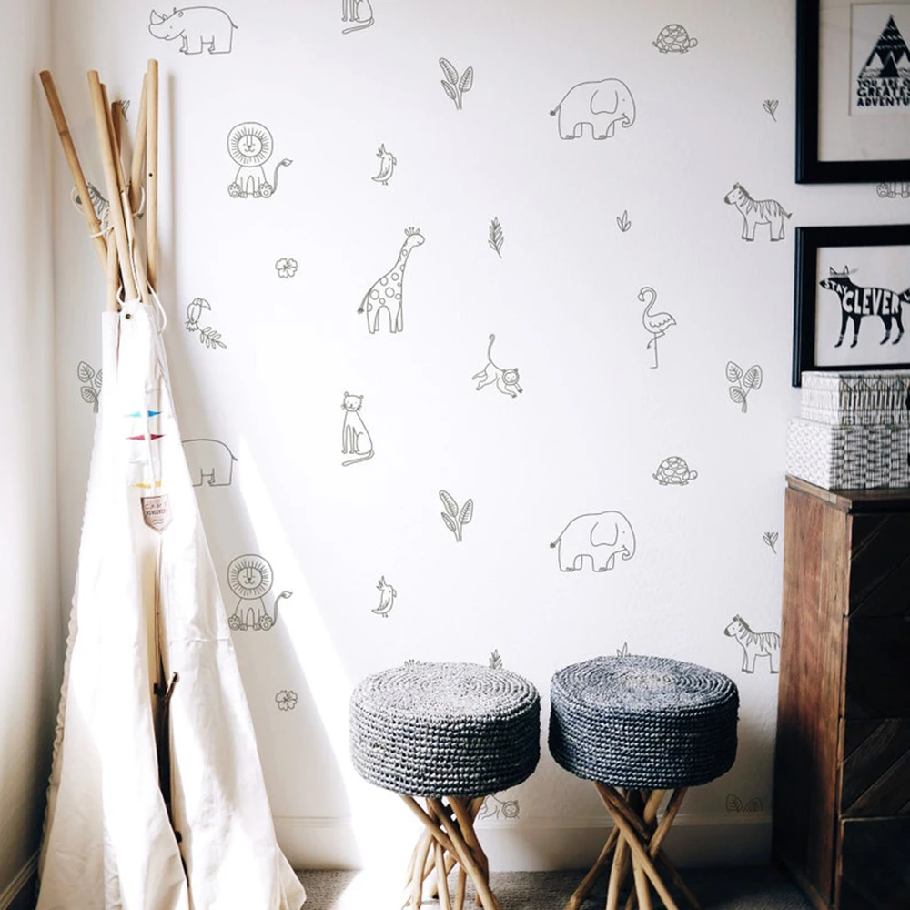 Drawn Jungle Animals Wall Stickers Woodland Lion Cheetah Toucan Elephant Giraffe Wall Decals Bedroom Playroom Home Decor