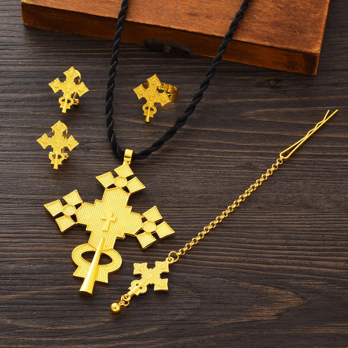 Ethiopian Jewelry Set Classic Simplicity Cross Sets Head Chain 4-Piece Set African Eritrean Wedding Engagement Gifts #179