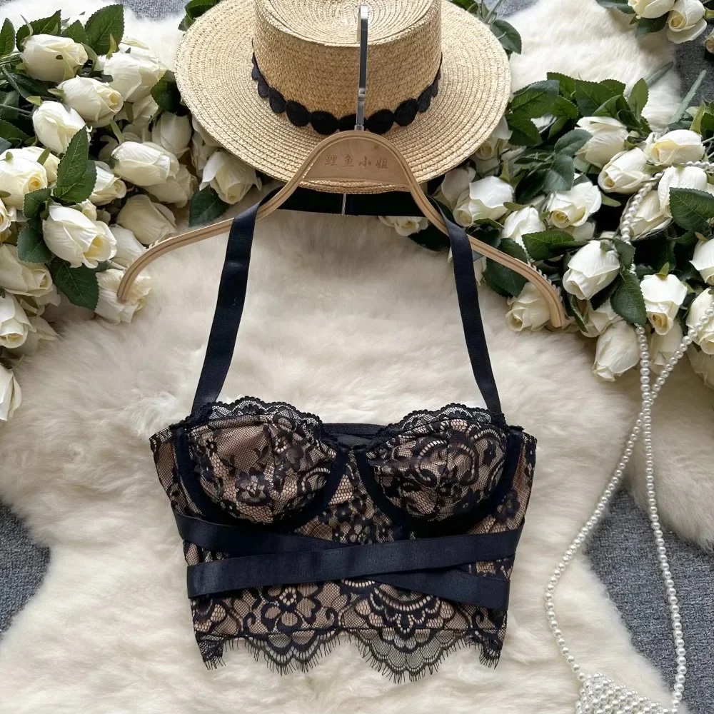 

Hotsweet Vintage Halter Elegant Sleeveless Chic Lace Slim Camis Tank Crop Top Korean Fashion Streetwear High Street Clothing