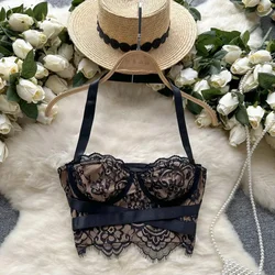 Hotsweet Vintage Halter Elegant Sleeveless Chic Lace Slim Camis Tank Crop Top Korean Fashion Streetwear High Street Clothing