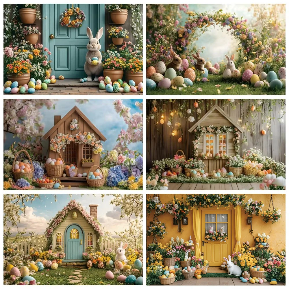 

Spring Easter Vintage Wooden House Photo Background Flower Easter Day Egg Rabbit Bunny Kid Party Decoration Photography Backdrop