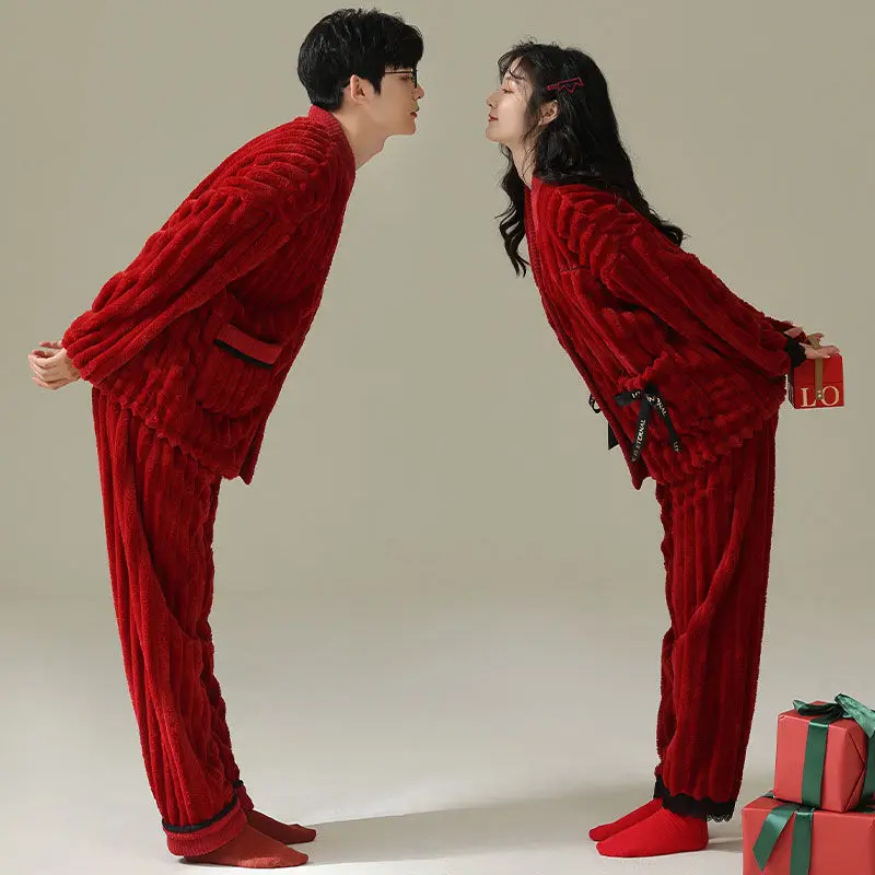 2023 New Coral Velvet Couple Pajamas Newlywed Women Men Autumn Winter Loungewear Plush Red Wedding Plush Thickening Set Homewear