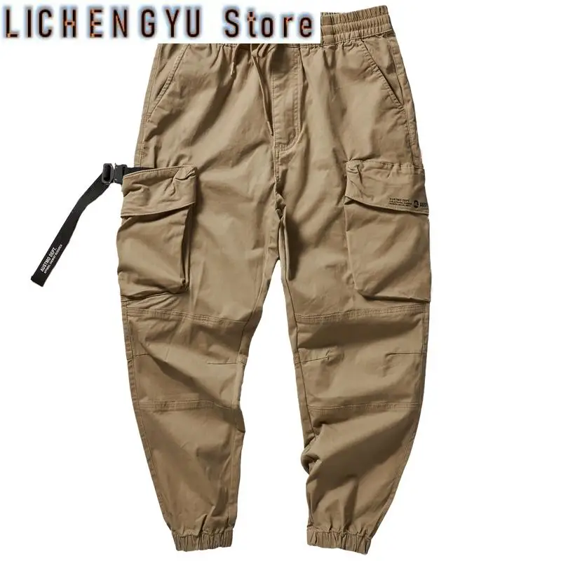 Spring Summer Japanese Retro Military Outdoor Cargo Pants Men's 97% Cotton Washed Multi-pocket Loose Casual Ankle-tied Trousers