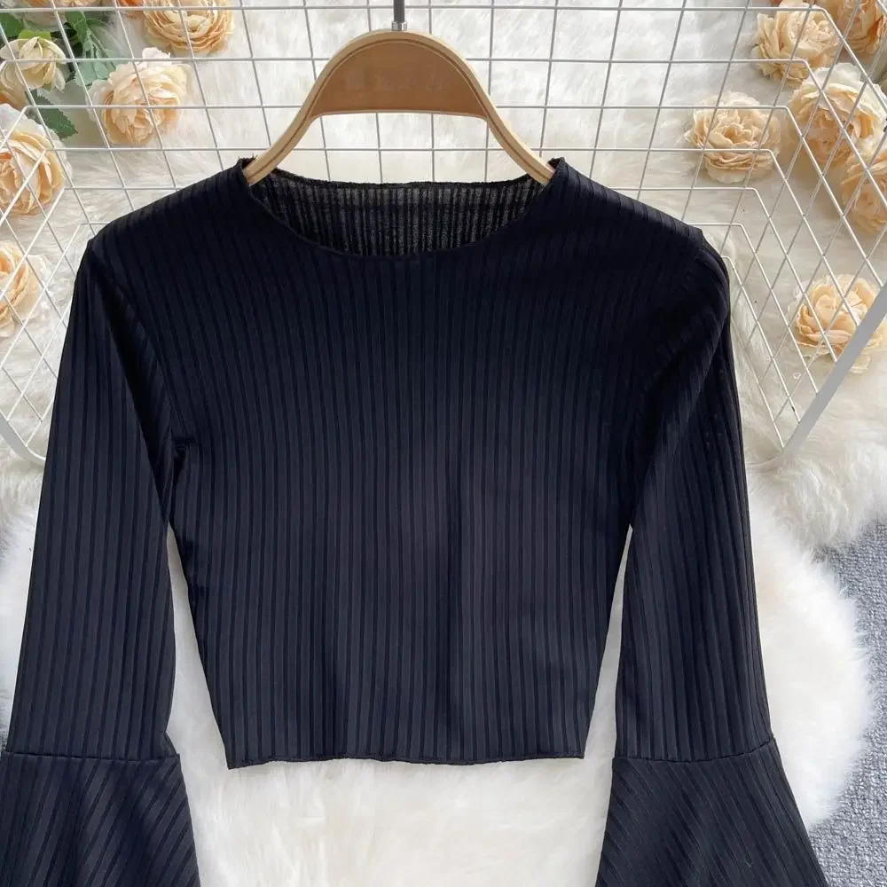 Flare Long Sleeve T-shirts Women  Spring Solid Crop Tops Sexy Hot Girls Classy Stylish Ulzzang Slim Basic Simple Female Clothes