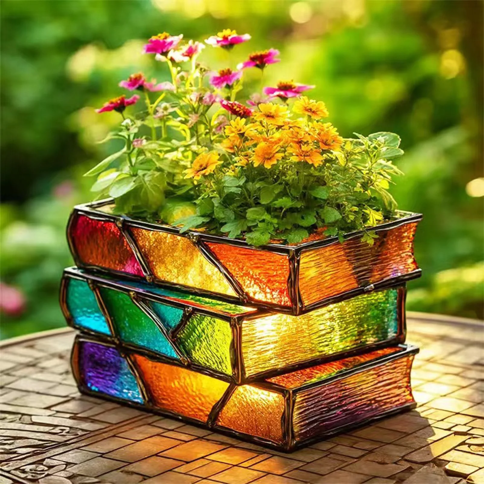 Stacked Books Flower Pot Tilted Books Tower Rainbow Glow Design Gift for Mother Teachers Readers Plant Lovers  Decorations