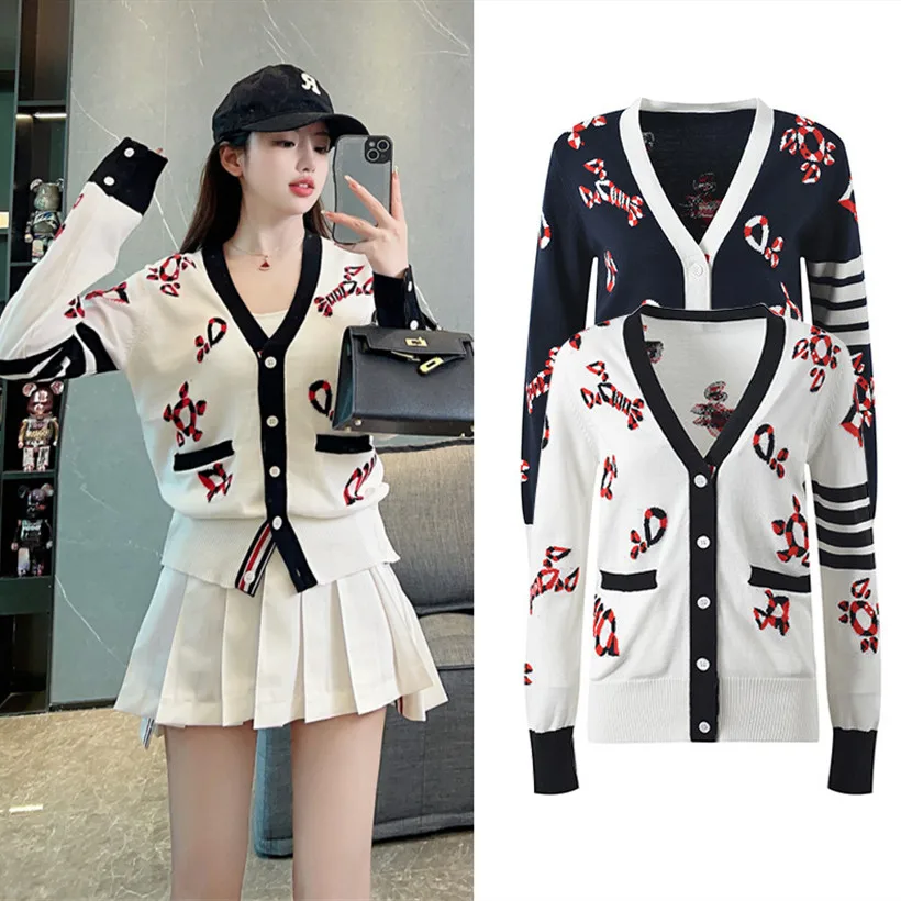 

High-End Wool Lobster Embroidery Slim Fit V-Ne Knitted Open Cardigan Women's Top Color Blo Design Anti-Aging