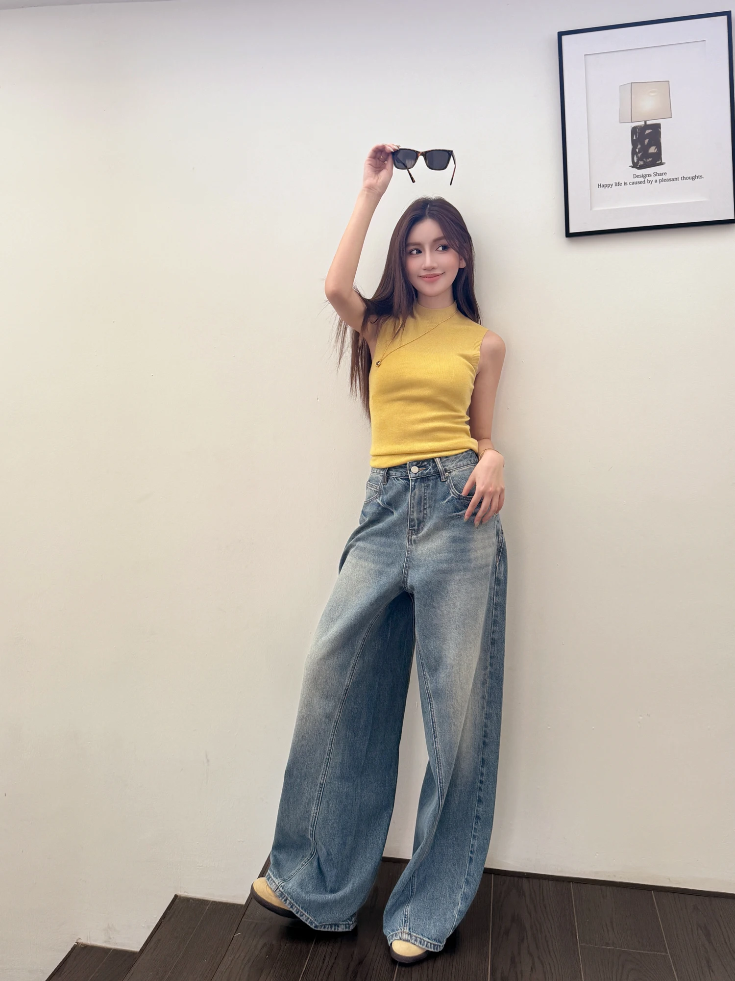 

Ретро джинсы с широкими штанинами и прямым кроем, свободные, стройнящие, с высокой талией, из хлопкового денима, повседневные