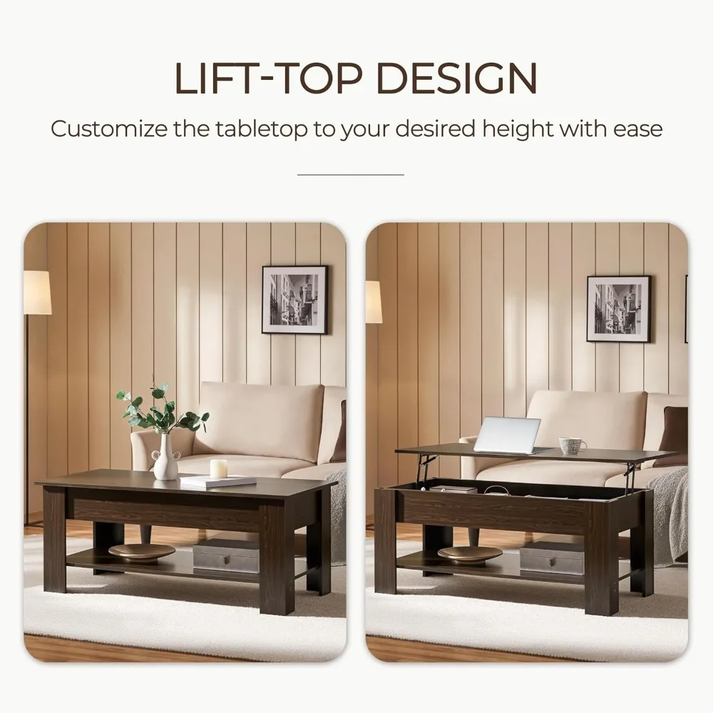 Hidden Compartment Coffee Table with Lift Top and Storage Shelf, Dining Table for Living Room and Reception Area