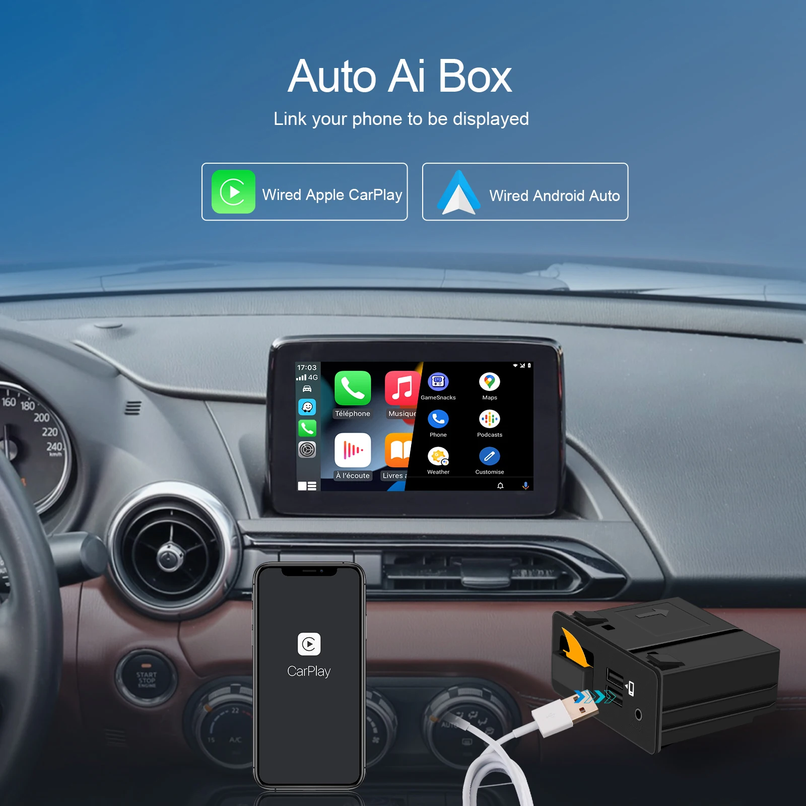 Podofo Carplay AI Box Android Auto USB Adapter Retrofit Kit Voice Control GPS Navigation For Mazda 2 3 6 CX30 CX5 CX8 CX9 MX5