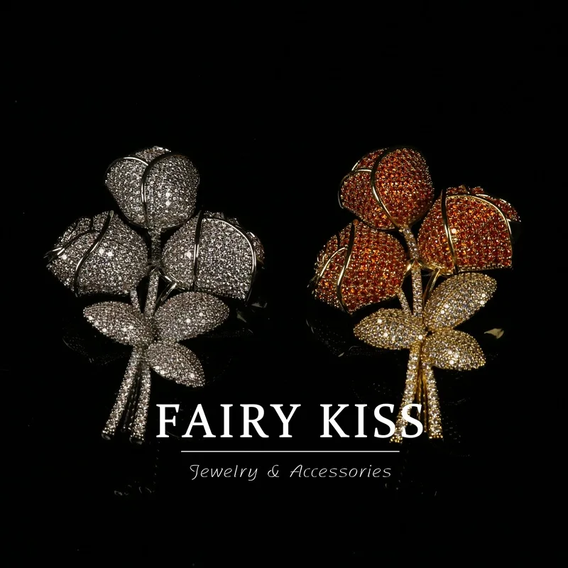 exquisite real gold-plated copper  brooch three-dimensional flower design rose corsage diamonds versatile accessories